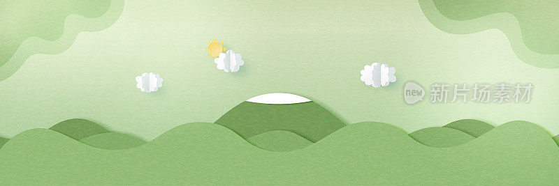 青山景观自然风光旗帜背景纸艺术风格。矢量插图。