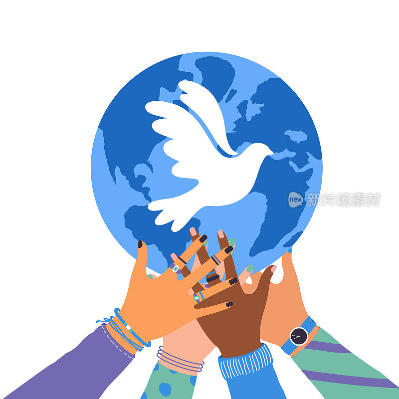 矢量插图的人类手握地球地球与飞行的鸽子作为和平的象征孤立在白色背景。国际和平日亲笔刻字。