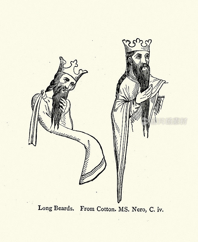 复古插图，中世纪早期留着长胡子的国王