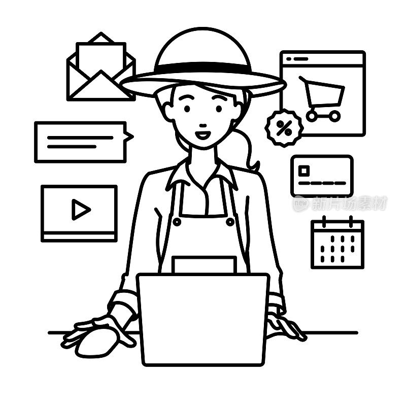 一名农民妇女使用笔记本电脑浏览网站、数字营销、支付、管理网上商店和支持客户在她的办公桌上