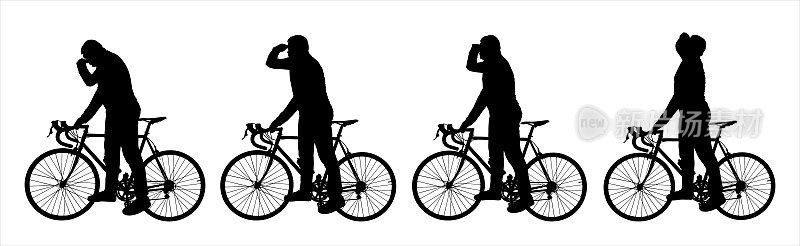 一个男人站在一辆自行车旁边，抓住自行车的车把。那人把手举到脸上，凝视着远方。侧视图,概要文件。四个黑色男性的轮廓孤立在白色上