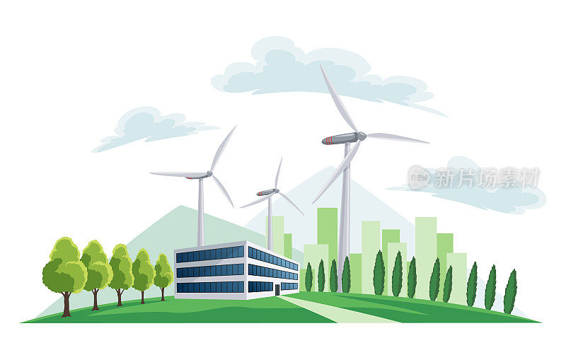 清洁电能的概念。来自风力涡轮机的可再生电力资源。未来的生态变化。背景为城市天际线和自然景观