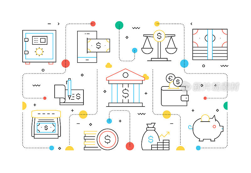 金钱相关的线风格横幅设计网页，标题，小册子，年度报告和书的封面
