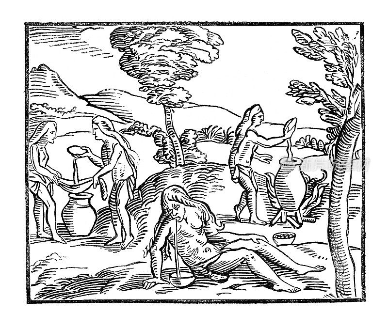 1572年，印第安人在伊斯帕尼奥拉木刻上准备葡萄酒