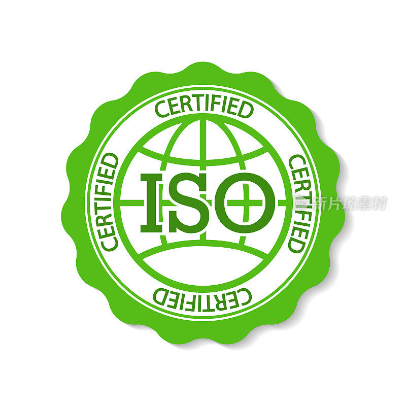 ISO邮票。认证，标准和认可的图标。9001徽章证书质量与影子。国际标准化组织印章。向量