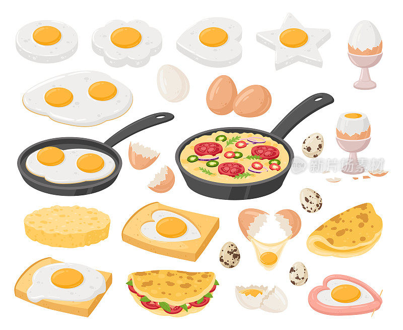 卡通鸡蛋菜，熟鸡蛋。煎、煮、酿蛋、炒鸡蛋和肉馅煎蛋饼，健康美味的早餐平面矢量插图集。美味的煮鸡蛋
