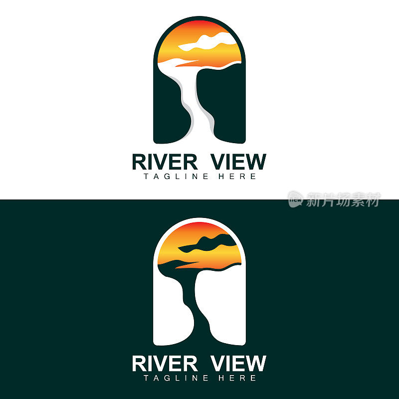 河流标志设计，河流矢量，河边插画与山和自然的结合，产品品牌