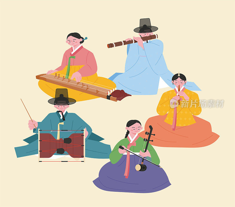 韩国传统音乐四重奏。穿着韩服的人们正在演奏伽倻琴、大琴、杖鼓、奚琴、皮里。