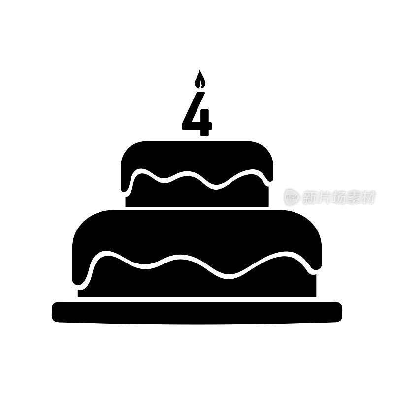 生日蛋糕上有4号蜡烛，简单的黑色矢量图标