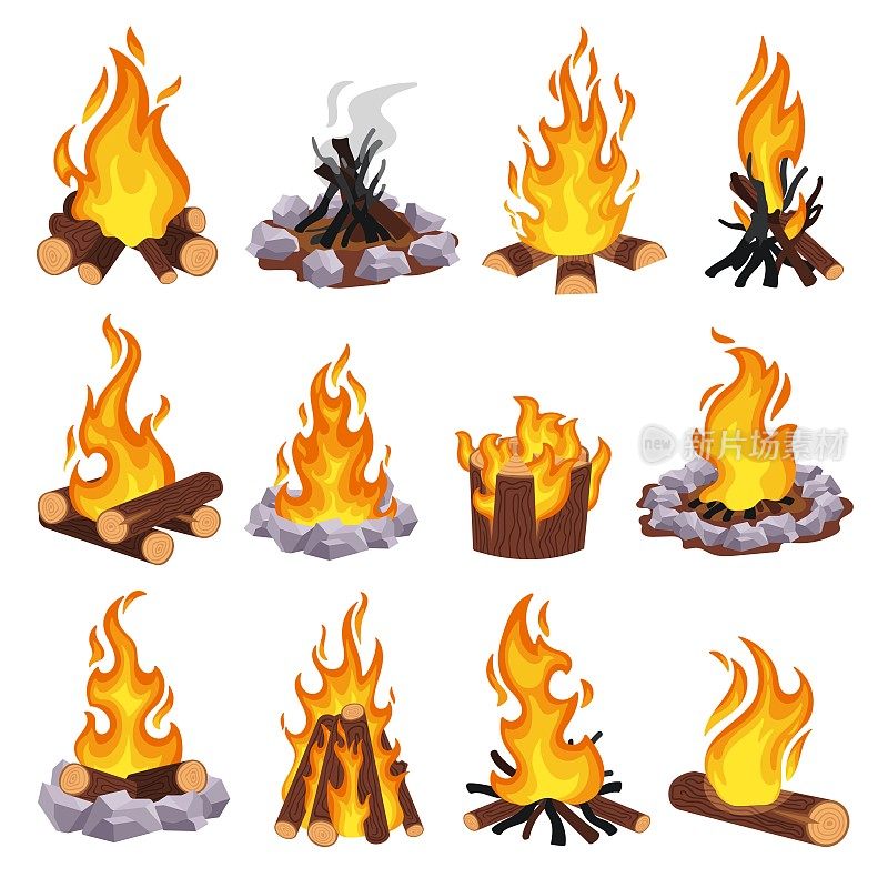 卡通篝火。木篝火，燃烧的原木和野石火坑。堆叠柴火类型和灭火矢量插图集
