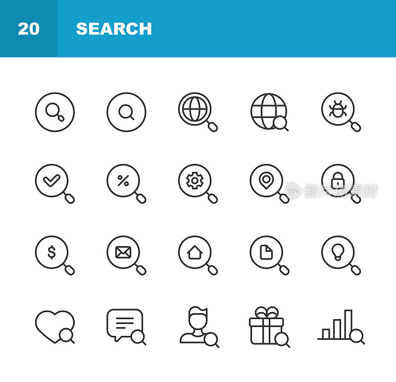搜索行图标。可编辑的中风。包含广告、图表、数据分析、折扣、常见问题解答、互联网、求职、放大镜、营销、导航、性能营销、路线、搜索引擎、安全、网络浏览器、www等图标