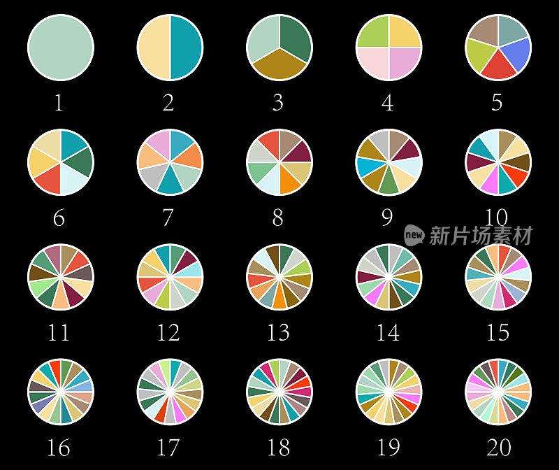 矢量颜色的各种数字饼扇区划分相等的圆形符号孤立在黑色背景