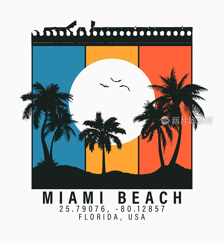 迈阿密海滩t恤设计有棕榈树，太阳和海鸥。迈阿密，佛罗里达州的t恤图形与热带棕榈撕裂床单。服装印花。向量