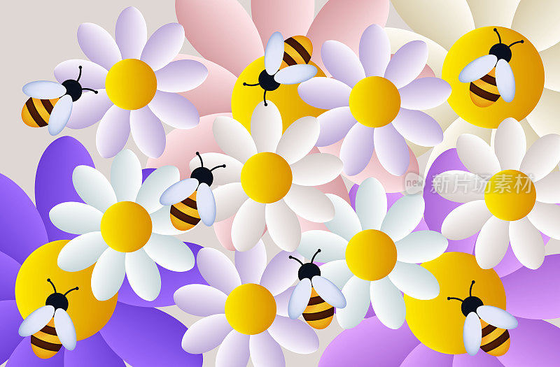 一群蜜蜂3d。在花园或有花的田野里驱赶昆虫，在蜂房里采集花蜜。传粉养花，积极联合劳动。蜜蜂带着甘菊和雏菊。向量。