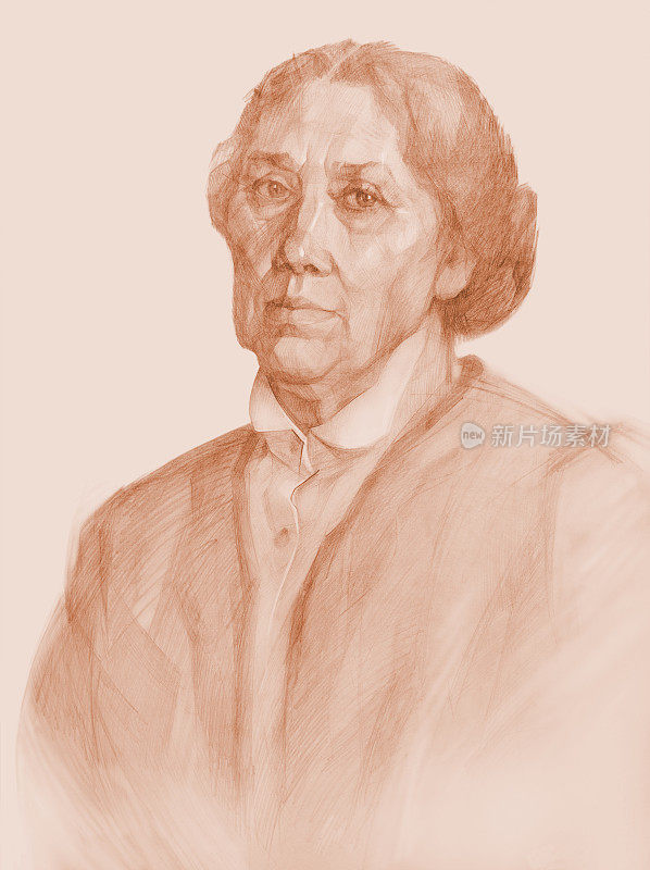插图铅笔画在棕褐色的肖像老年妇女在白色衬衫的衣领和羊毛夹克