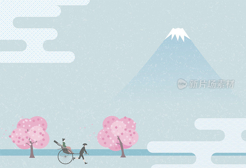 日本富士山和樱桃树和雾霾背景插图