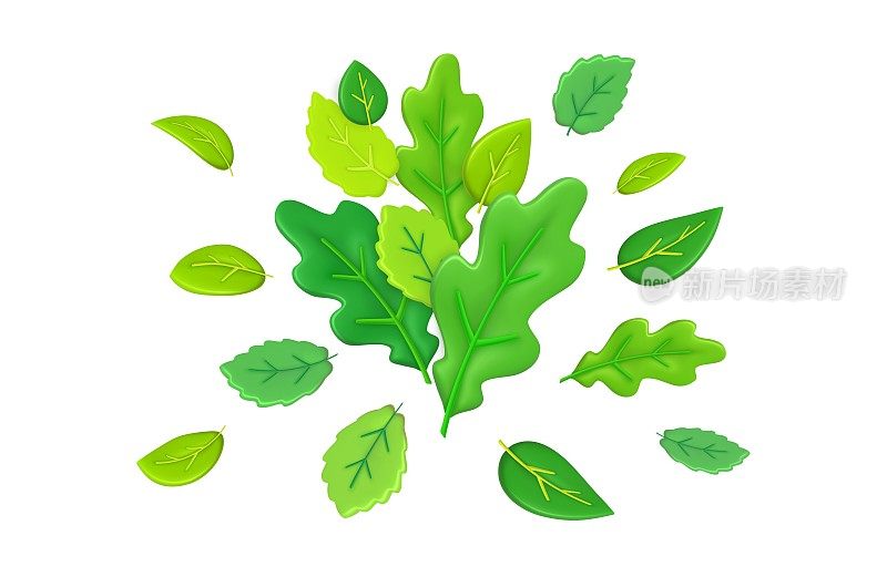 三维自然元素，夏季橡树叶。春天的绿色植物构成，叶框，未来感设计。森林的元素。生态标志。矢量抽象近代插图