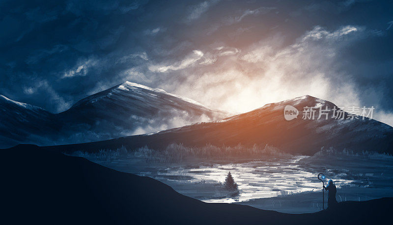 魔术师站在山中景观与湖。蓝色和橙色手工数字绘制插图背景
