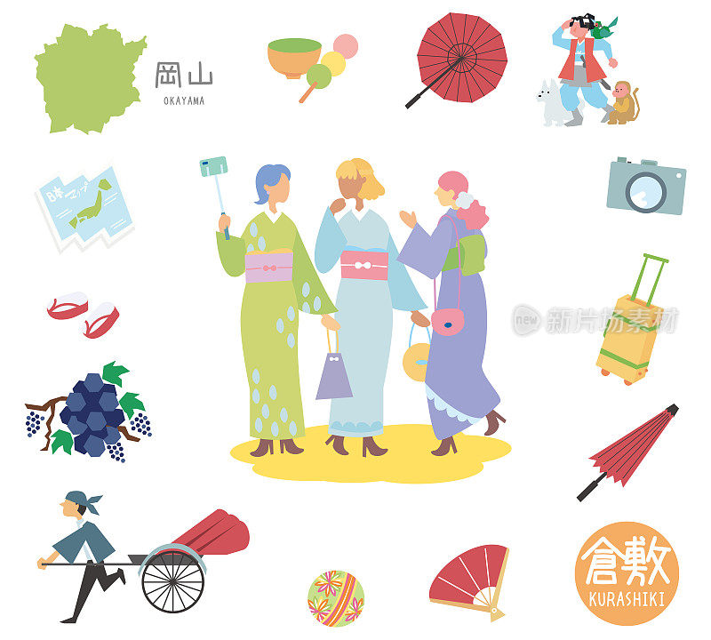 日本冈山仓敷著名景点图标及女性朋友和服(平)