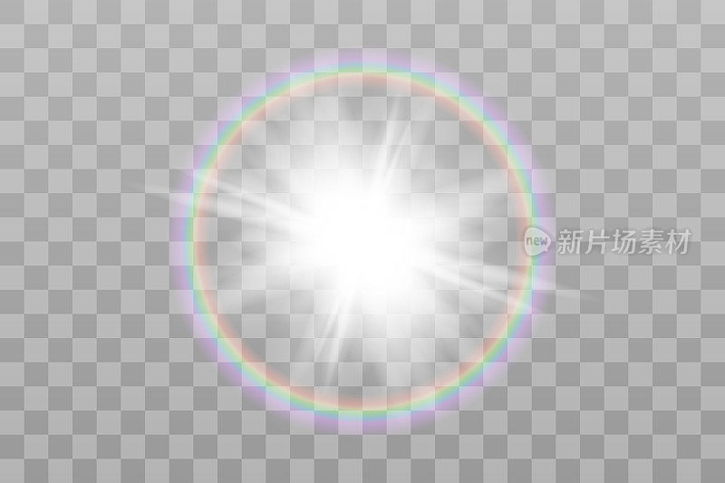 太阳射线矢量插图。阳光发光png效果与彩虹。