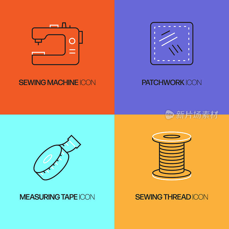缝制相关的矢量线图标。轮廓符号集合