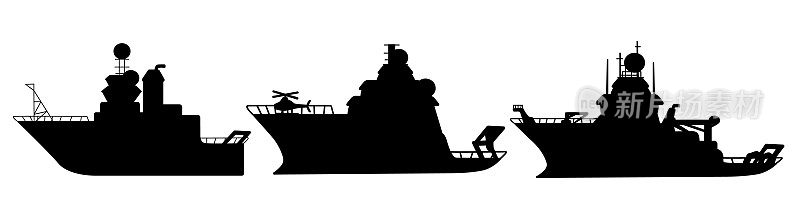 一套黑色剪影研究船的海洋探索，探险船的形状与直升机插图孤立的白色背景。可以用于探险、探险、航海的题目吗