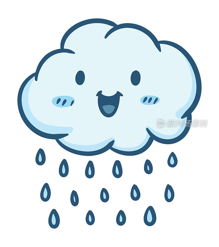 卡通可爱的雨云带着幸福的脸孤立在白色上