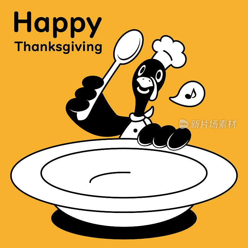 可爱的单色设计，火鸡厨师在感恩节拿着一个大盘子和勺子