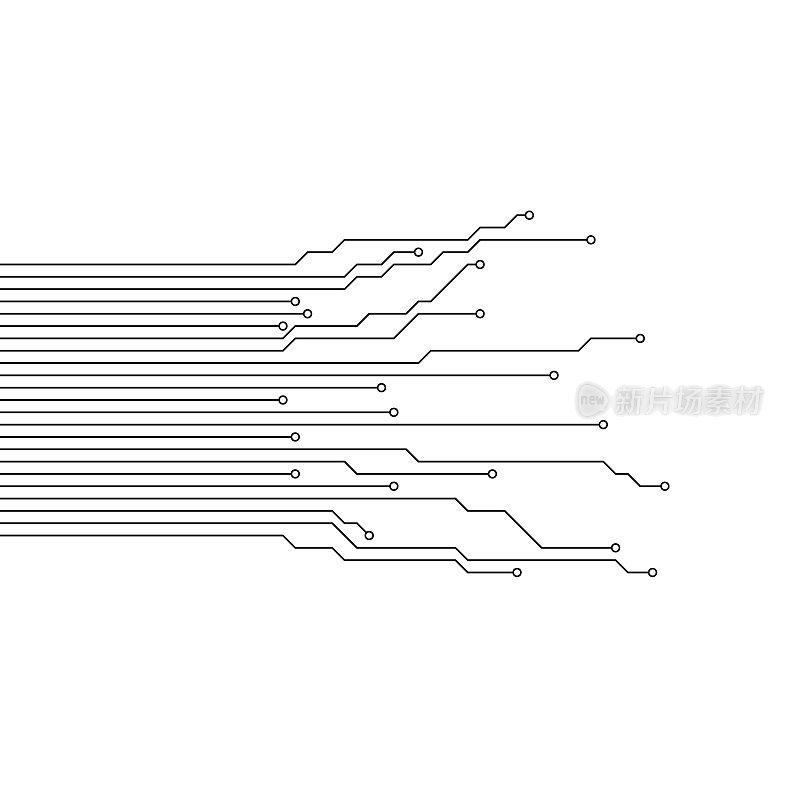 一种极简主义的电路板图案的黑白插图，用线和点表示连接。