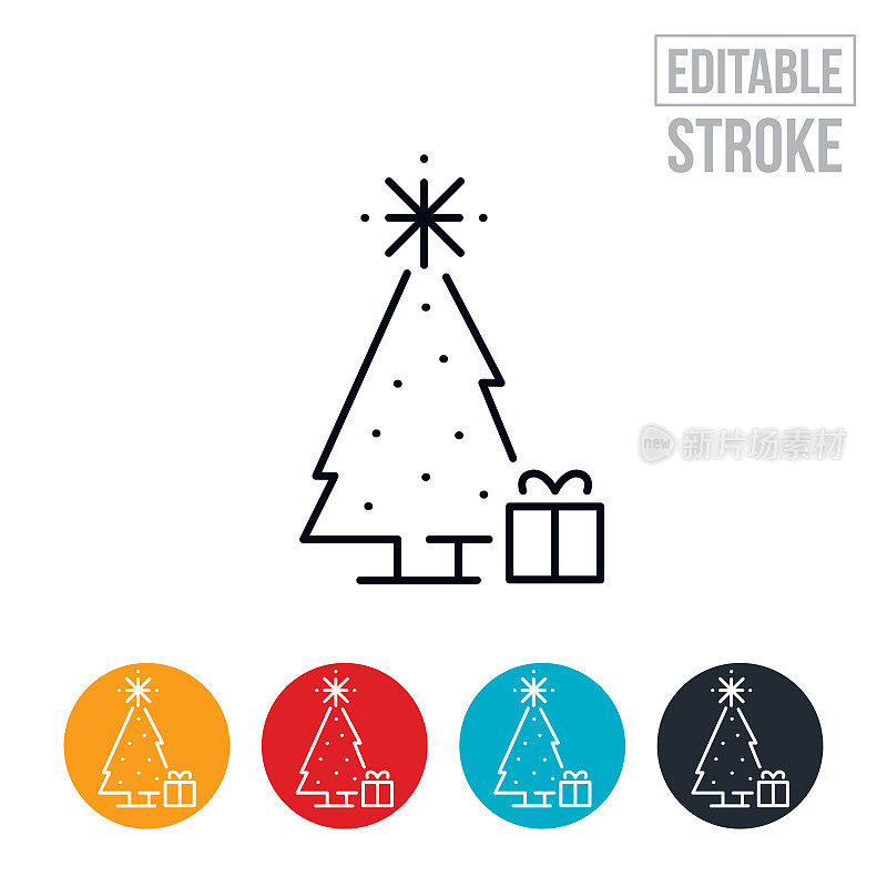 圣诞树与礼物细线图标-可编辑的笔画