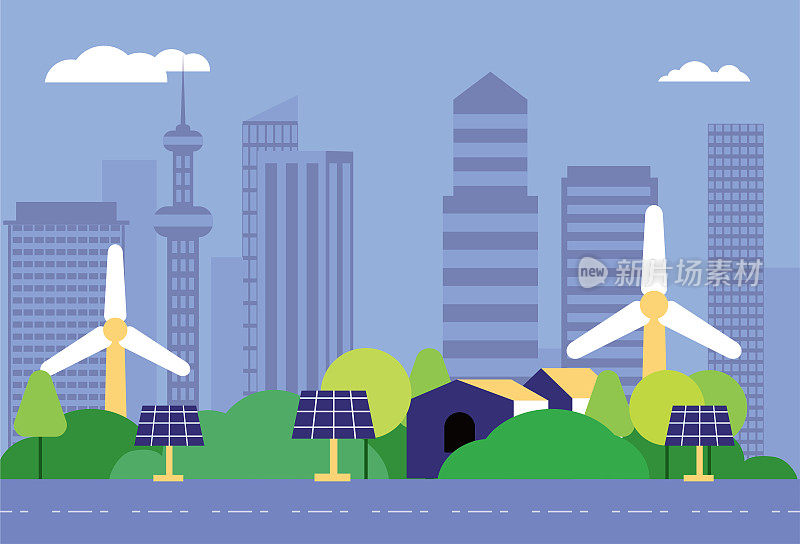 太阳能发电与城市环保，新能源环保概念图。
