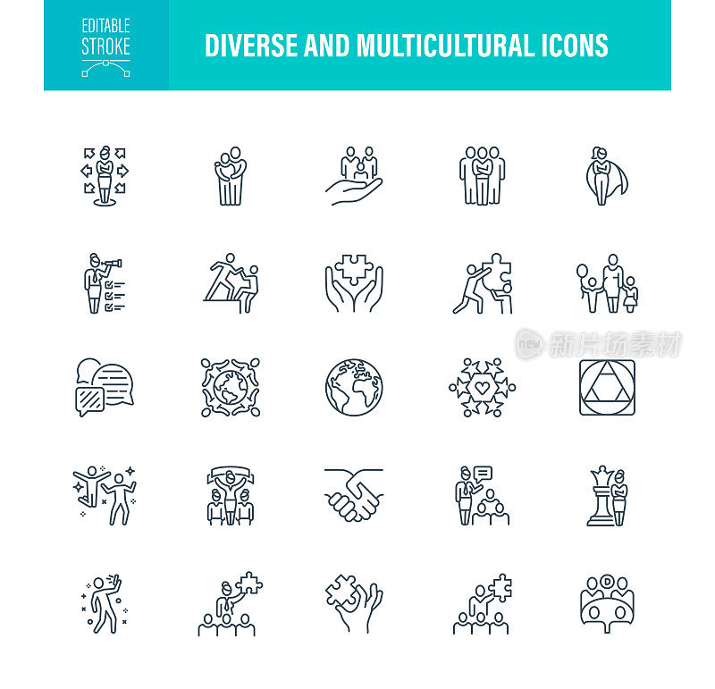 多样和多元文化的图标可编辑笔触