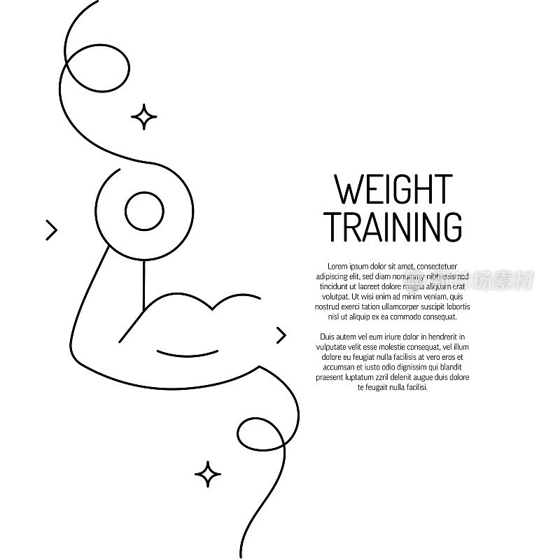 连续线条绘制的重量训练图标。手绘符号矢量插图。