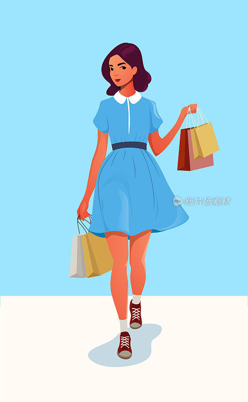 年轻迷人的时尚女子拿着购物后的衣服包裹。孤立的概念女孩性格与完美的风格。矢量插图。