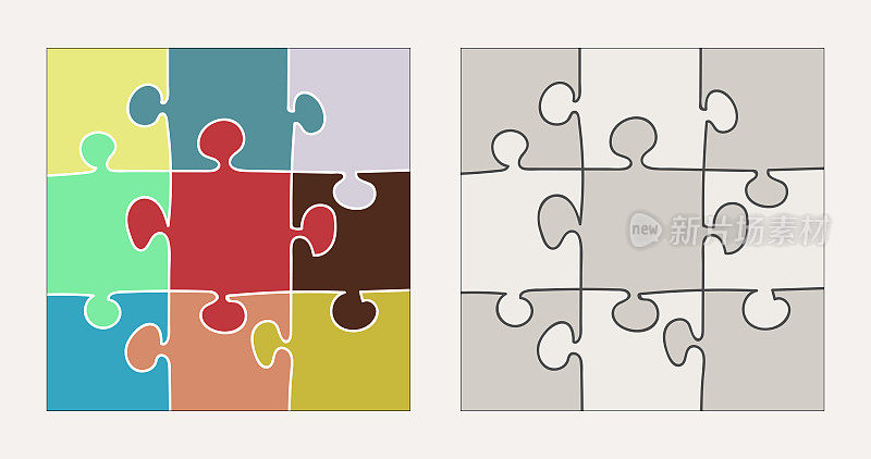 矢量3x3形状颜色拼图拼图网格模板平面设计集合