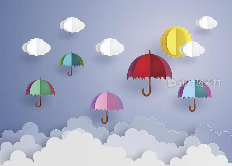 五颜六色的雨伞高高飘扬在空中。