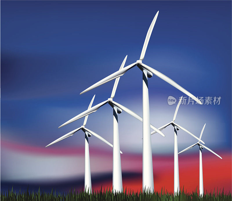 风力发电机在天空与草。向量