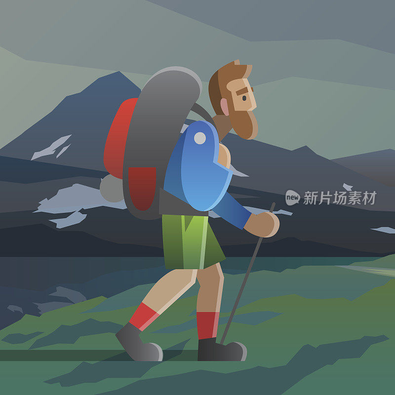 一个大胡子男人在山里行走。