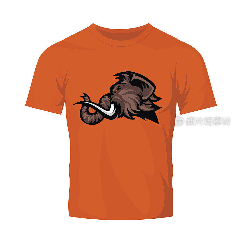 愤怒的猛犸象头运动矢量图标
概念孤立的橙色t恤模型。