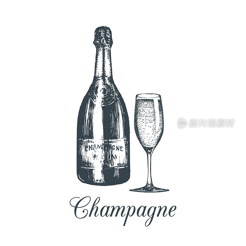 手绘香槟瓶和玻璃杯。葡萄酒瓶矢量插图设置为咖啡馆，酒吧，餐厅菜单。