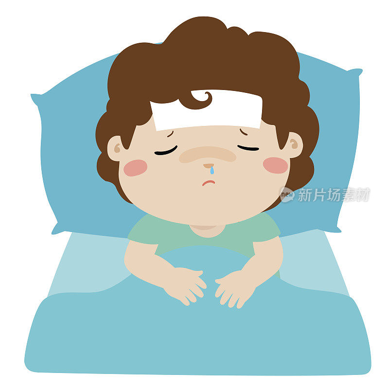 卧病在床的小男孩卡通载体。
