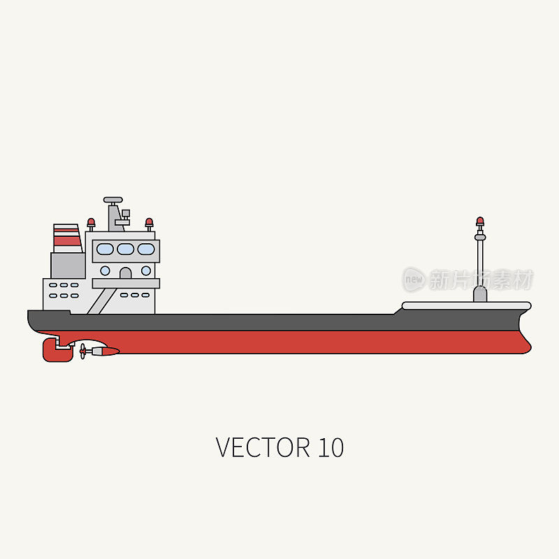 线平矢量彩色集装箱货船图标。商船队。卡通的风格。海洋。海中。驳船。商业。交通工具。队长。帆。简单。插图和元素为您的设计。