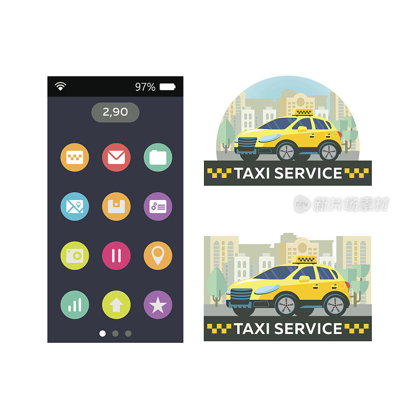 矢量标志，标志出租车服务。移动应用出租车。出租车服务。一组图标的移动应用程序。