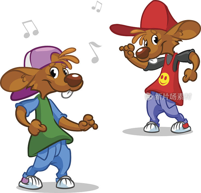卡通鼠标跳舞。插图的嘻哈舞者老鼠在花哨的衣服。向量