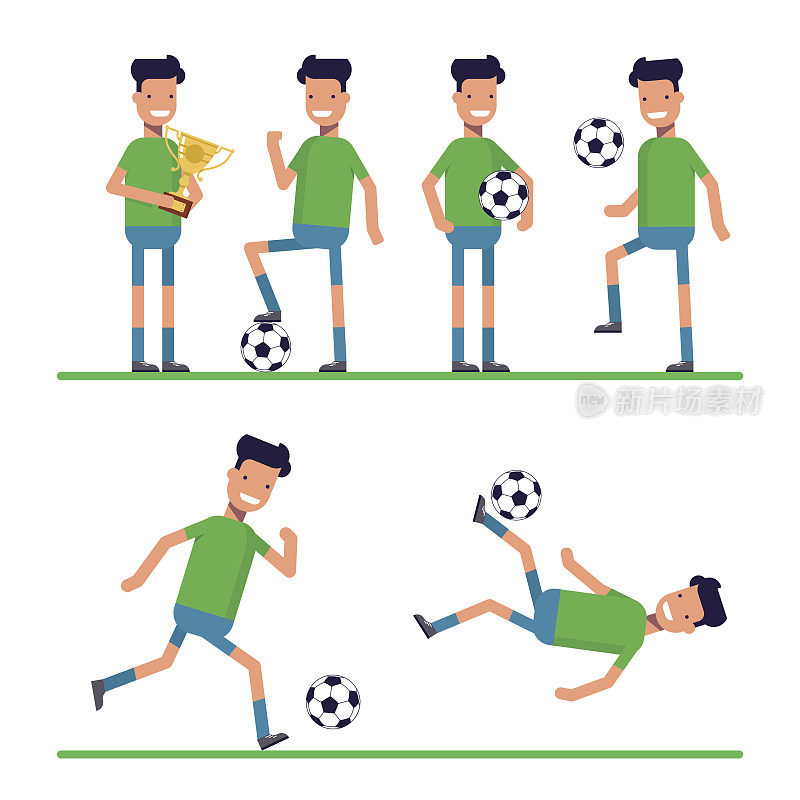 足球运动运动员、足球守门员踢球、踢球、训练和练习足球。在白色背景上孤立的扁平字符。向量,插图。