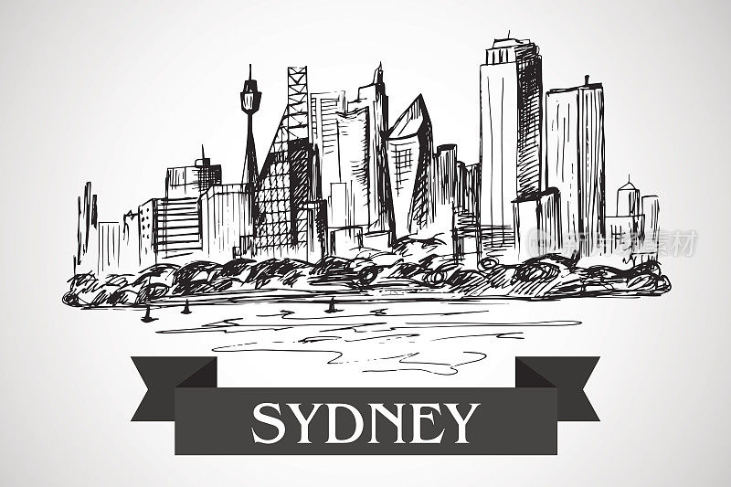手绘悉尼城市风景在白色的背景
