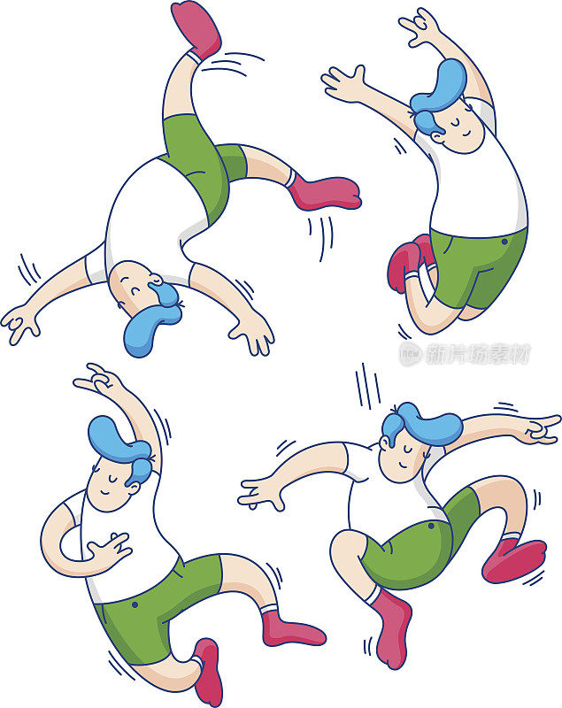 跳跃的孩子矢量插图孤立的白色背景。小男孩跳跃，相同的性格，相同的风格，穿着袜子，轮廓，平面设计