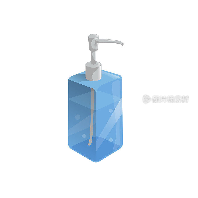 时尚卡通风格的液体肥皂透明蓝色瓶子与分配器和气泡。日常卫生和保健媒介说明。