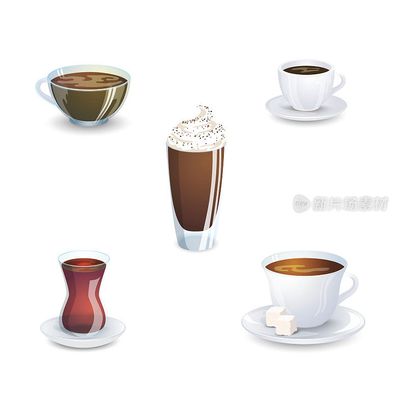 集美味的热饮咖啡，茶和用品隔离在白色的背景。矢量插图。