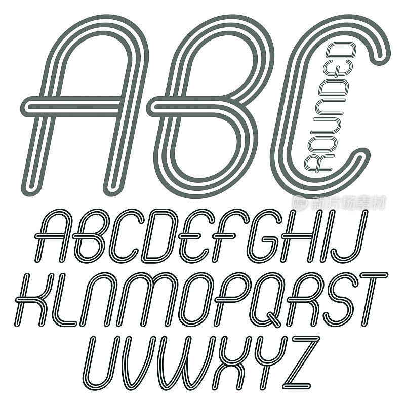 一组迪斯科向量大写英文字母，abc孤立。时髦的斜体圆角字体，打字稿。由几何平行线构成。